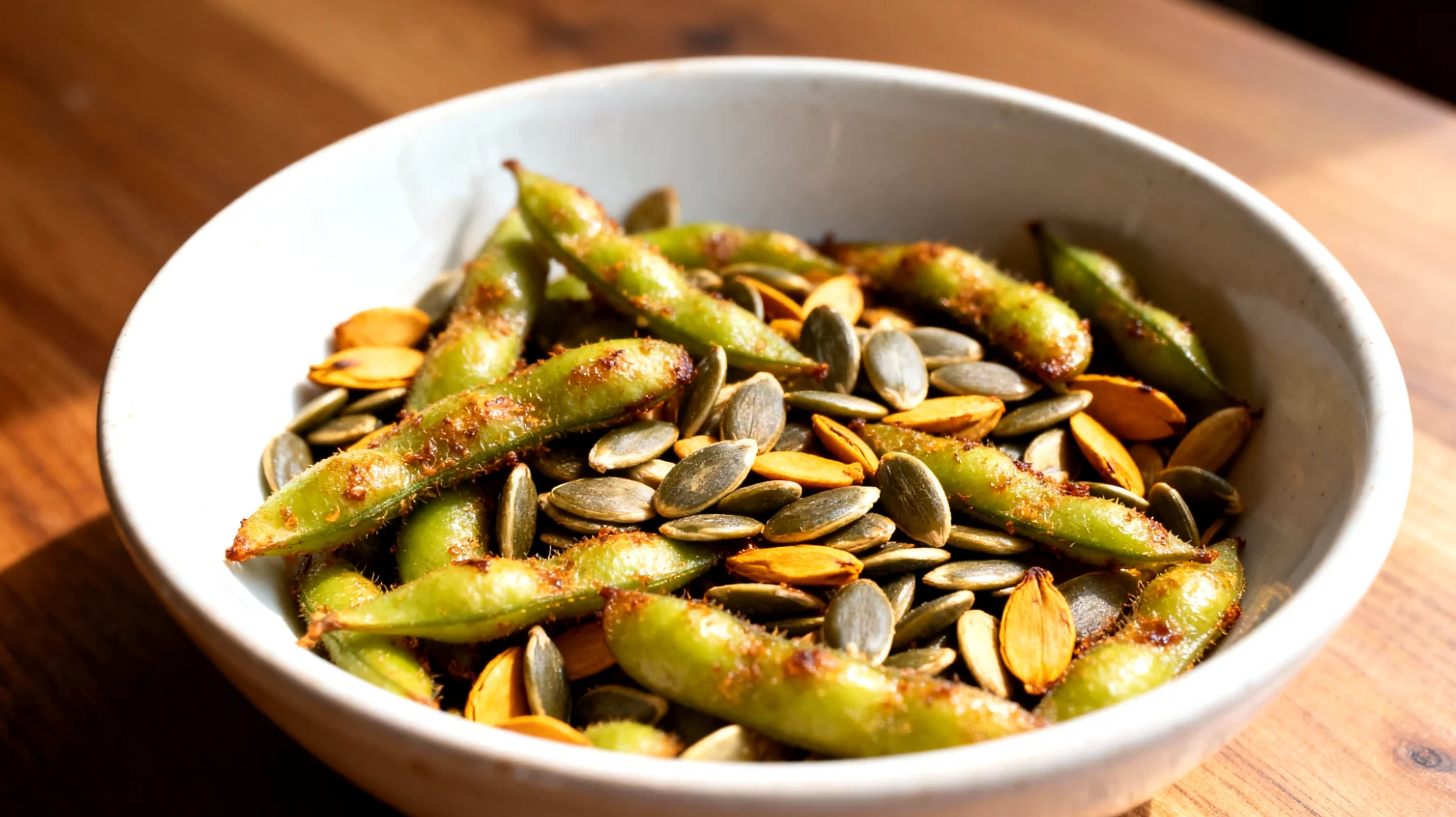 Edamame tostati con semi di zucca"