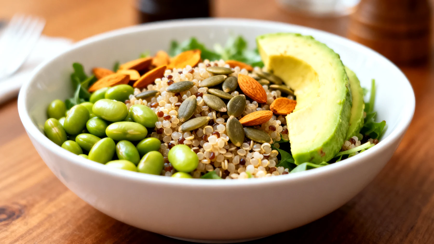 Insalata di quinoa con edamame, semi di zucca e avocado"