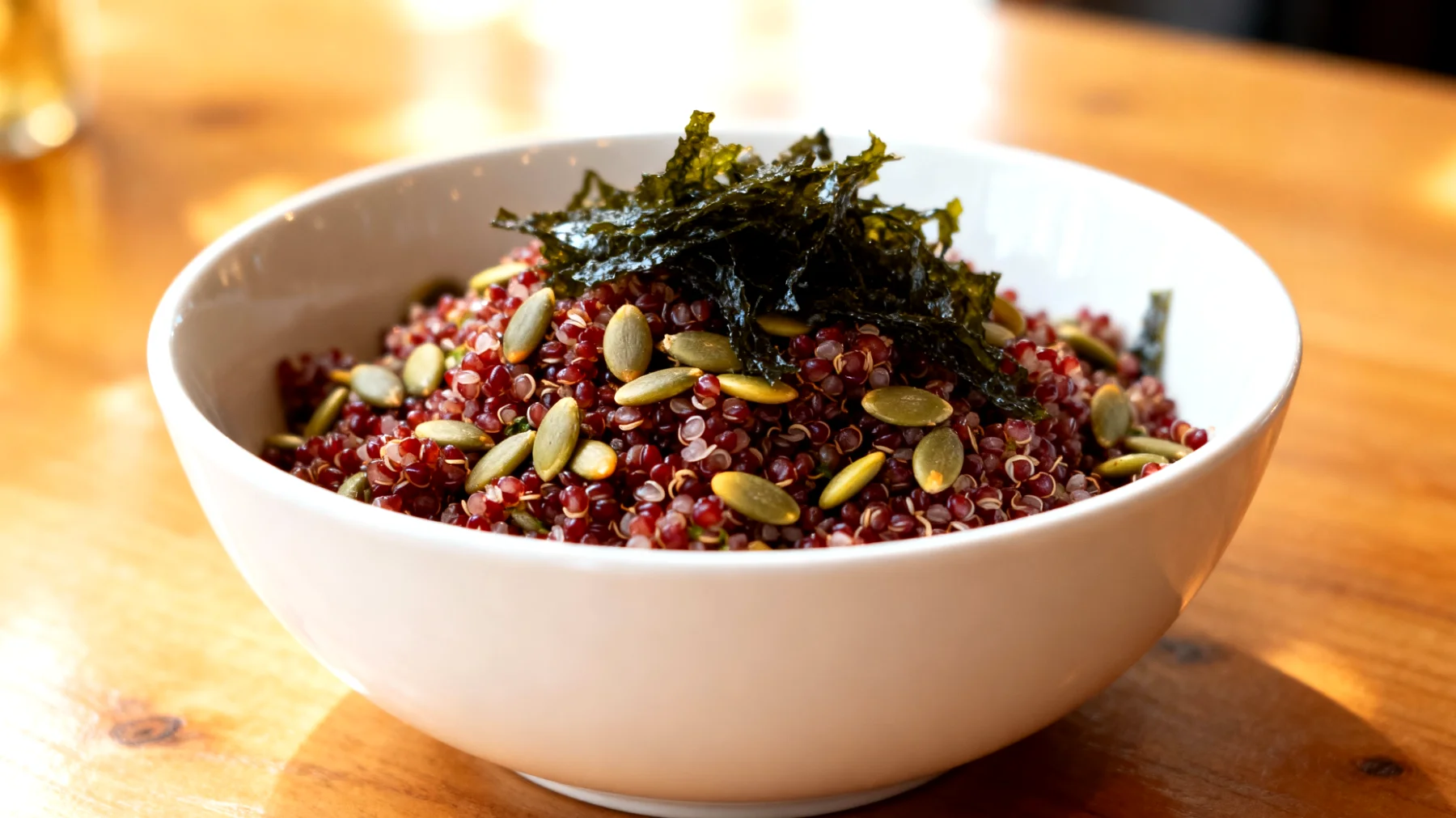 Insalata di quinoa rossa con semi di zucca e alghe wakame"