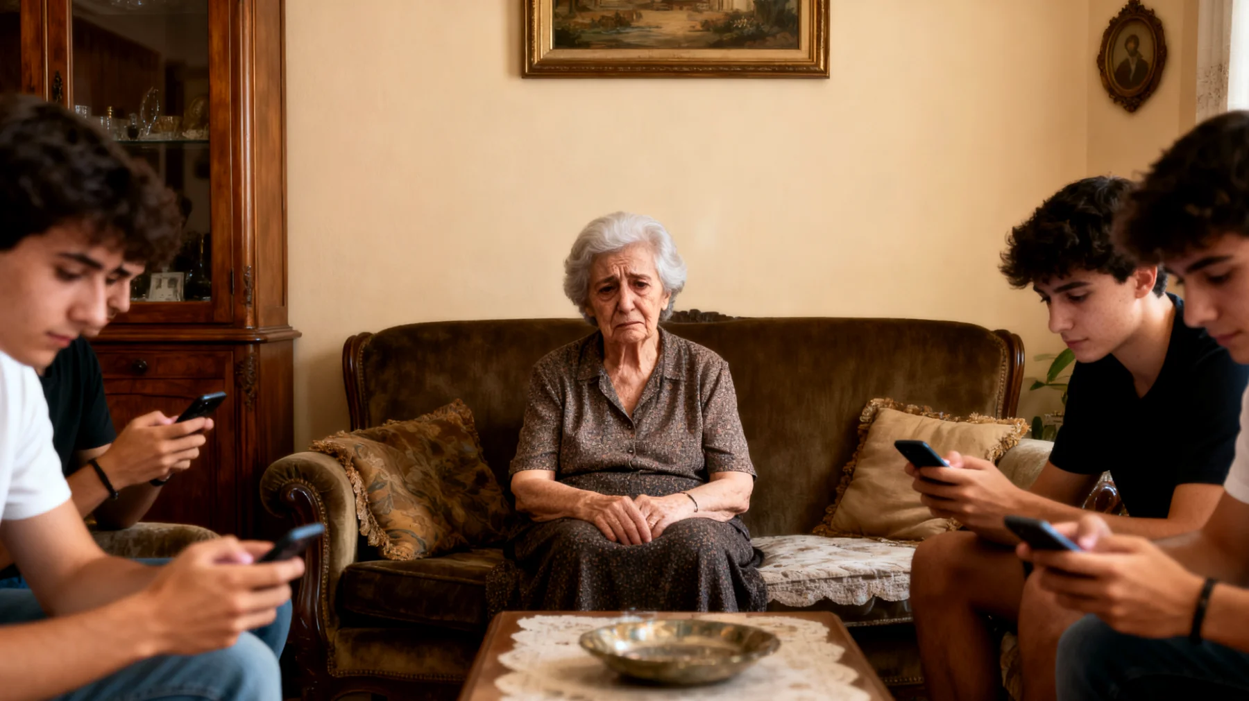 Nonna preoccupata per l'uso eccessivo dello smartphone e dei social media da parte dei nipoti giovani adulti, che trascorrono poco tempo di qualità con lei e sembrano sempre distratti durante le visite familiari"
