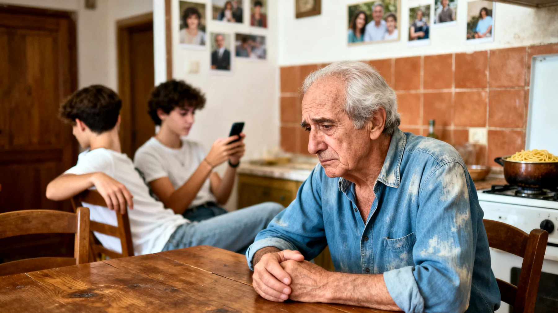 Il nonno fatica a comunicare con i nipoti giovani adulti che sembrano distanti, poco disponibili al dialogo e concentrati sulla propria vita, creando un senso di incomprensione reciproca e distanza emotiva"