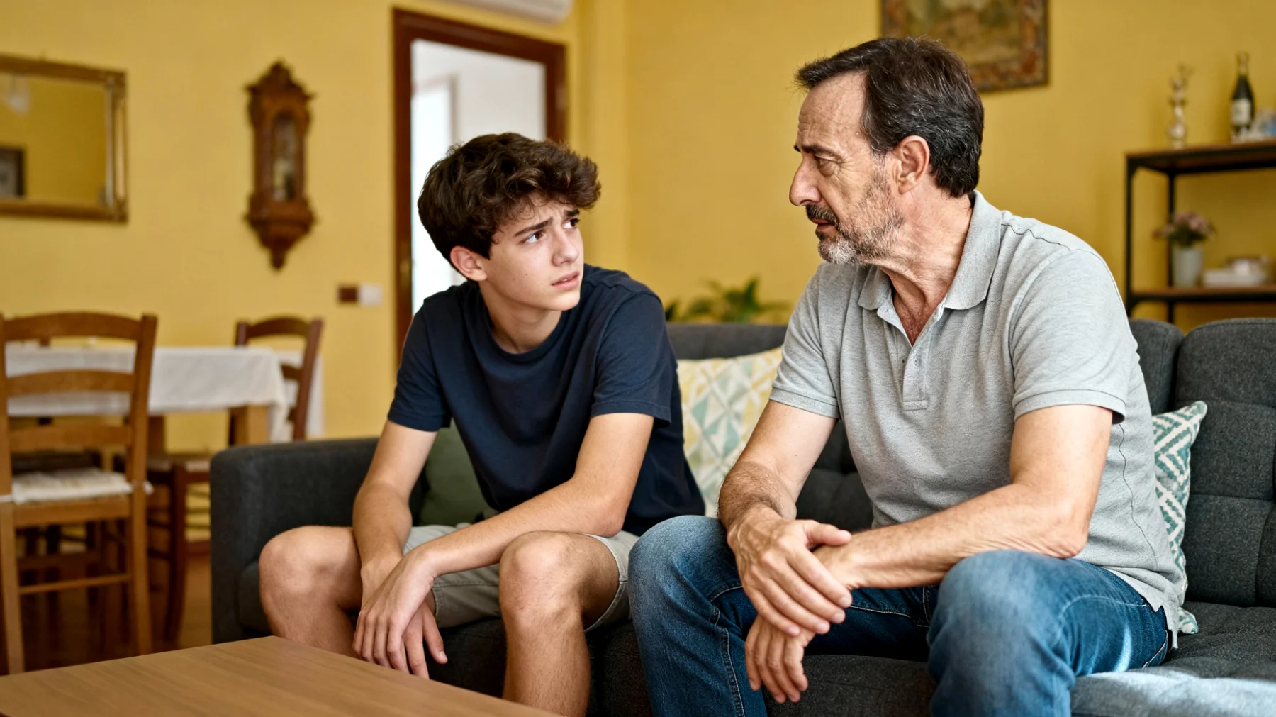 Papà preoccupato perché il figlio adolescente mostra una dipendenza eccessiva da lui, non riesce a prendere decisioni autonome e cerca costantemente la sua approvazione anche per scelte quotidiane, manifestando ansia quando il padre non è disponibile"