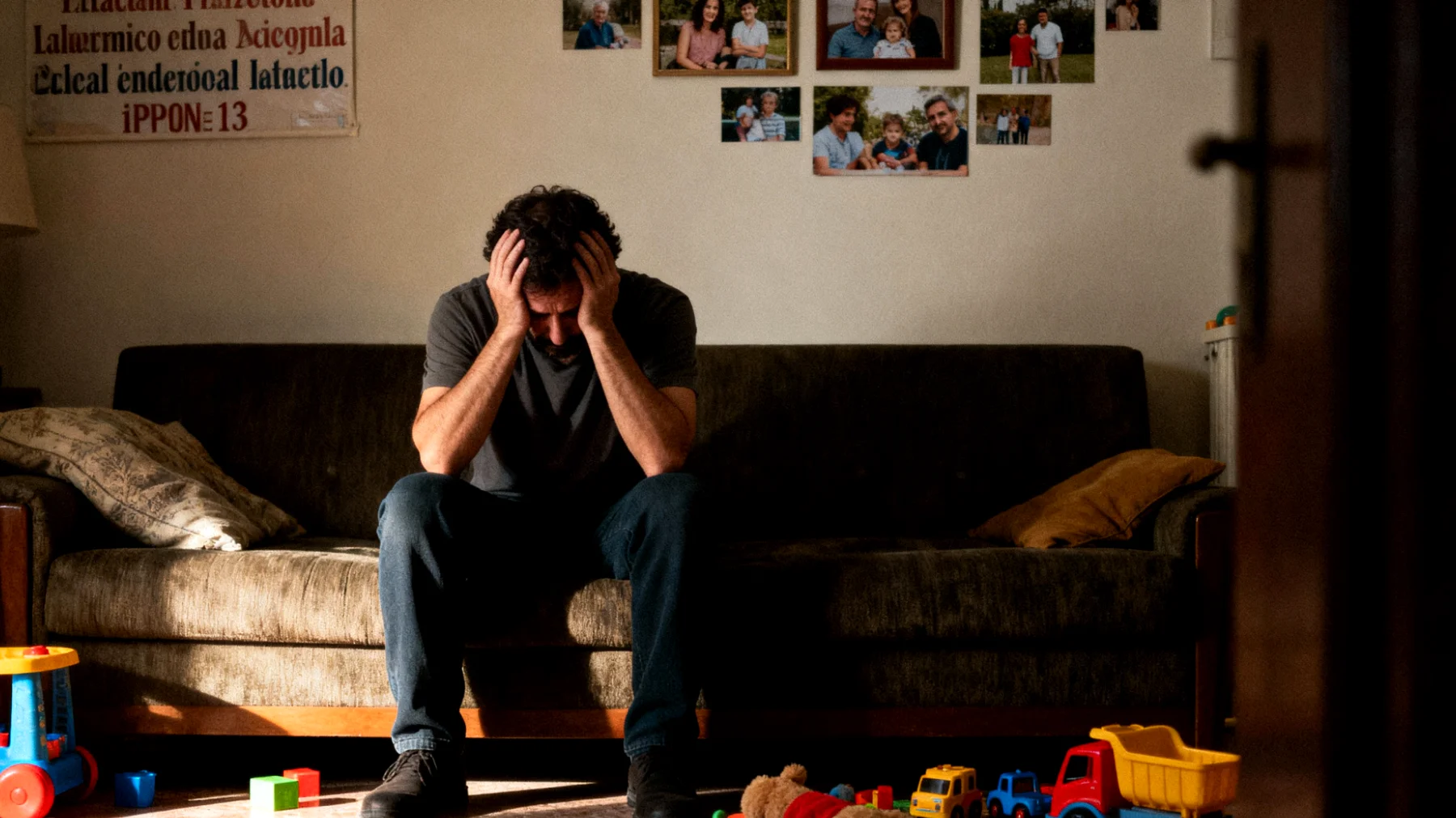 Papà che prova sensi di colpa per non riuscire a essere abbastanza presente nella vita quotidiana dei suoi bambini piccoli, sentendosi inadeguato nel ruolo genitoriale e temendo di perdere momenti importanti della loro crescita"